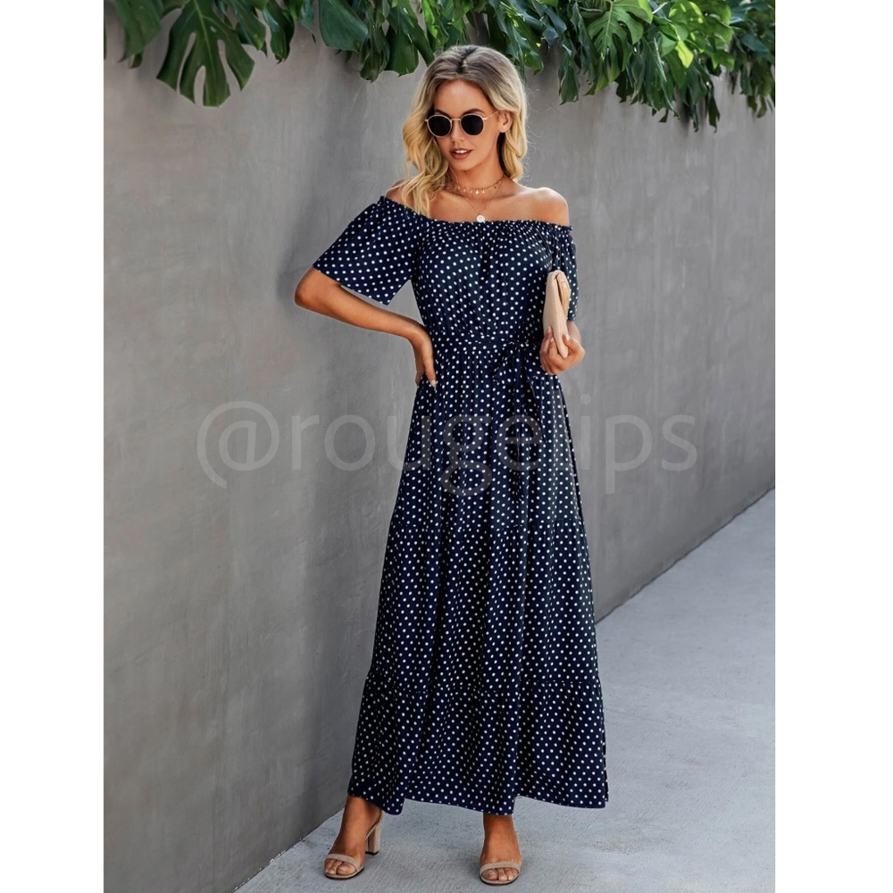 Off Shoulder Navy Blue Polka Dot Maxi Dress Flared, Flounce, Long, belted - Picture 4 of 6